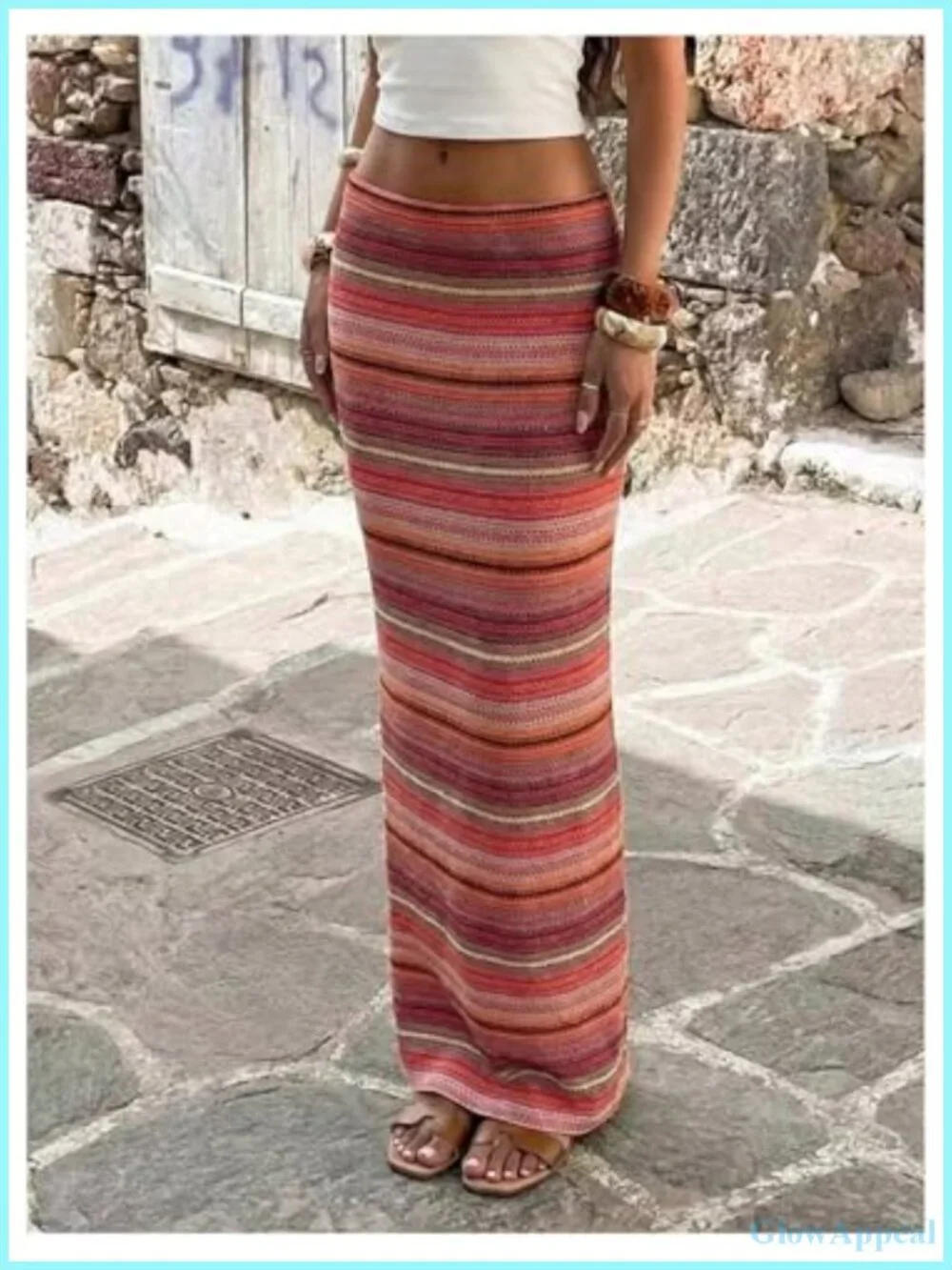 Striped Crochet Knit Maxi Skirt Low Rise Bodycon Boho Summer Beach Vacation